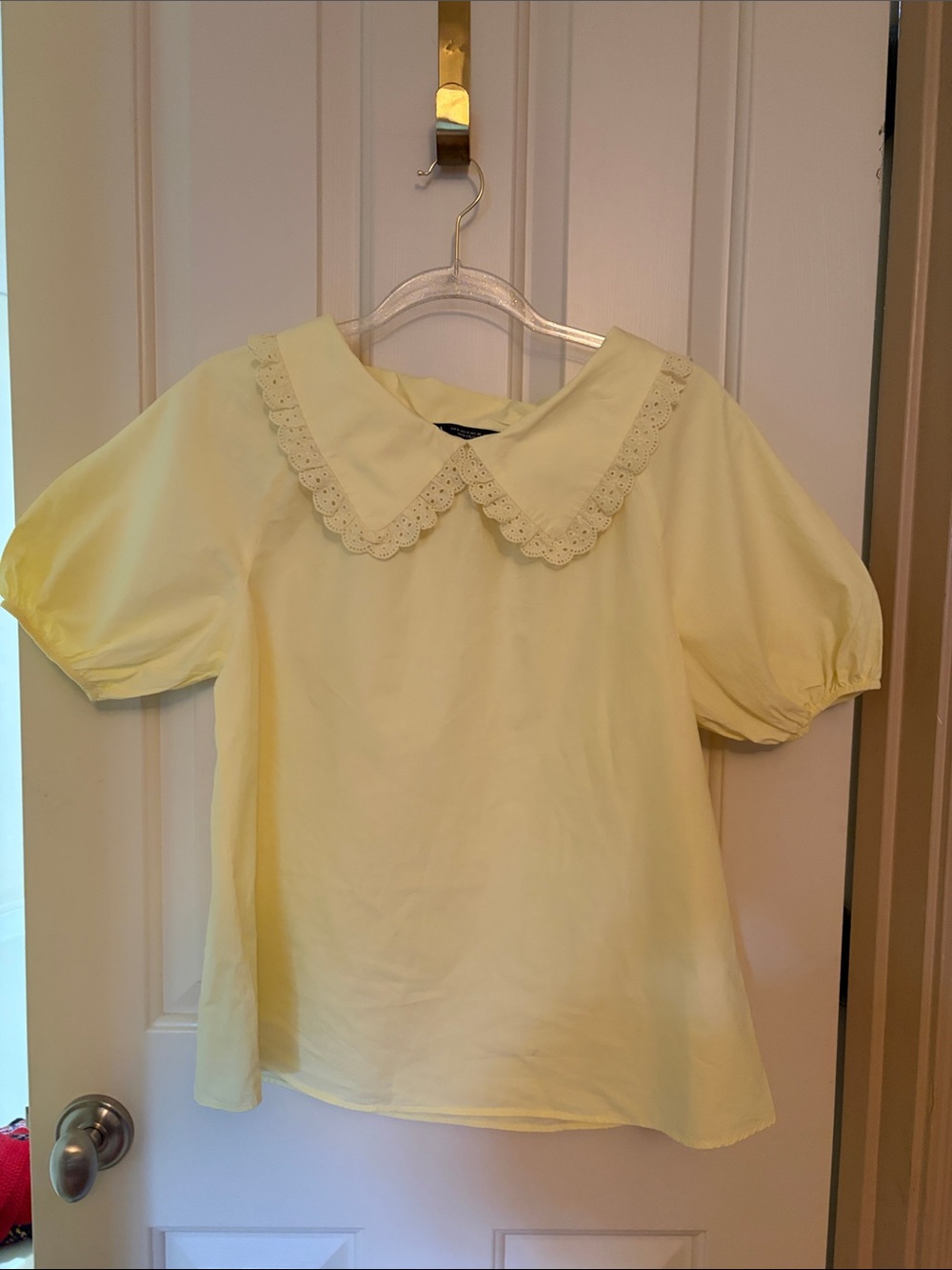 Zara Pale Yellow Puff Sleeve Blouse with Scalloped Peter Pan Collar